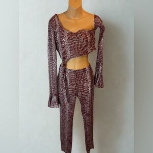 Crimson Croc Chic Two-Piece Set – Asymmetrical Crop Top & High-Waisted Pants